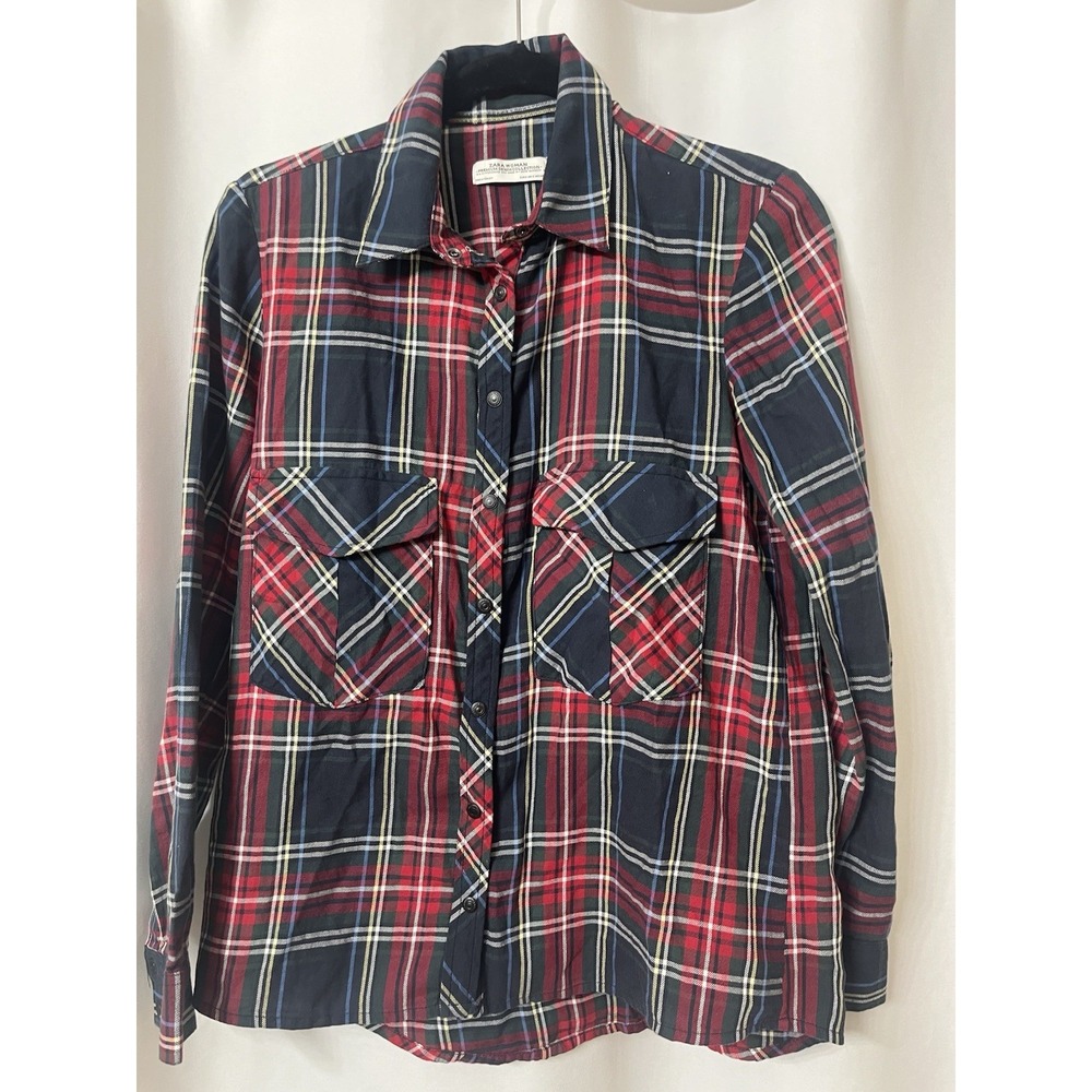 Zara Woman Premium Denim Collection Womens Shirt Snap Button Plaid Tab Small D62